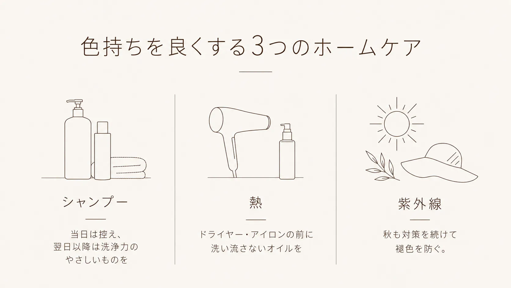 秋カラーの色持ちを良くする3つのホームケアの図